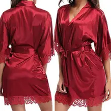 Женская Летняя шелковая ночная рубашка с коротким рукавом, сексуальное кружево с ресничками, лоскутное Короткое Кимоно, халат, однотонная Пижама с поясом с карманами