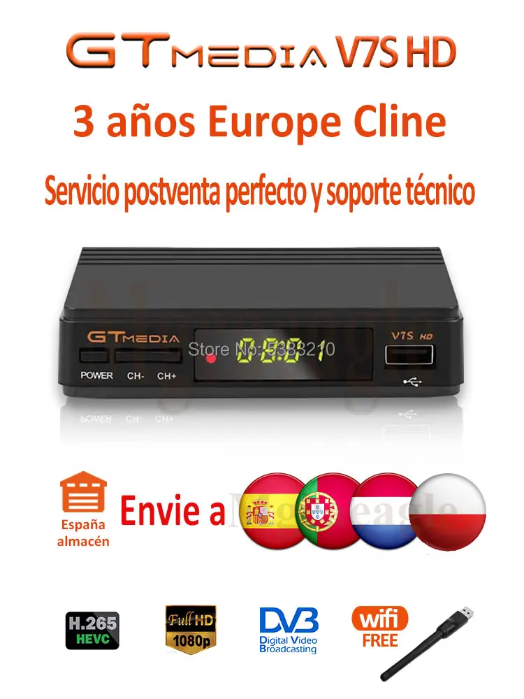 FTA 1080P Gtmedia V7S HD Cccam Cline спутниковый ТВ приемник Поддержка 3 года Европа Cline для Испании обновленный Freesat V7 декодер формата HD