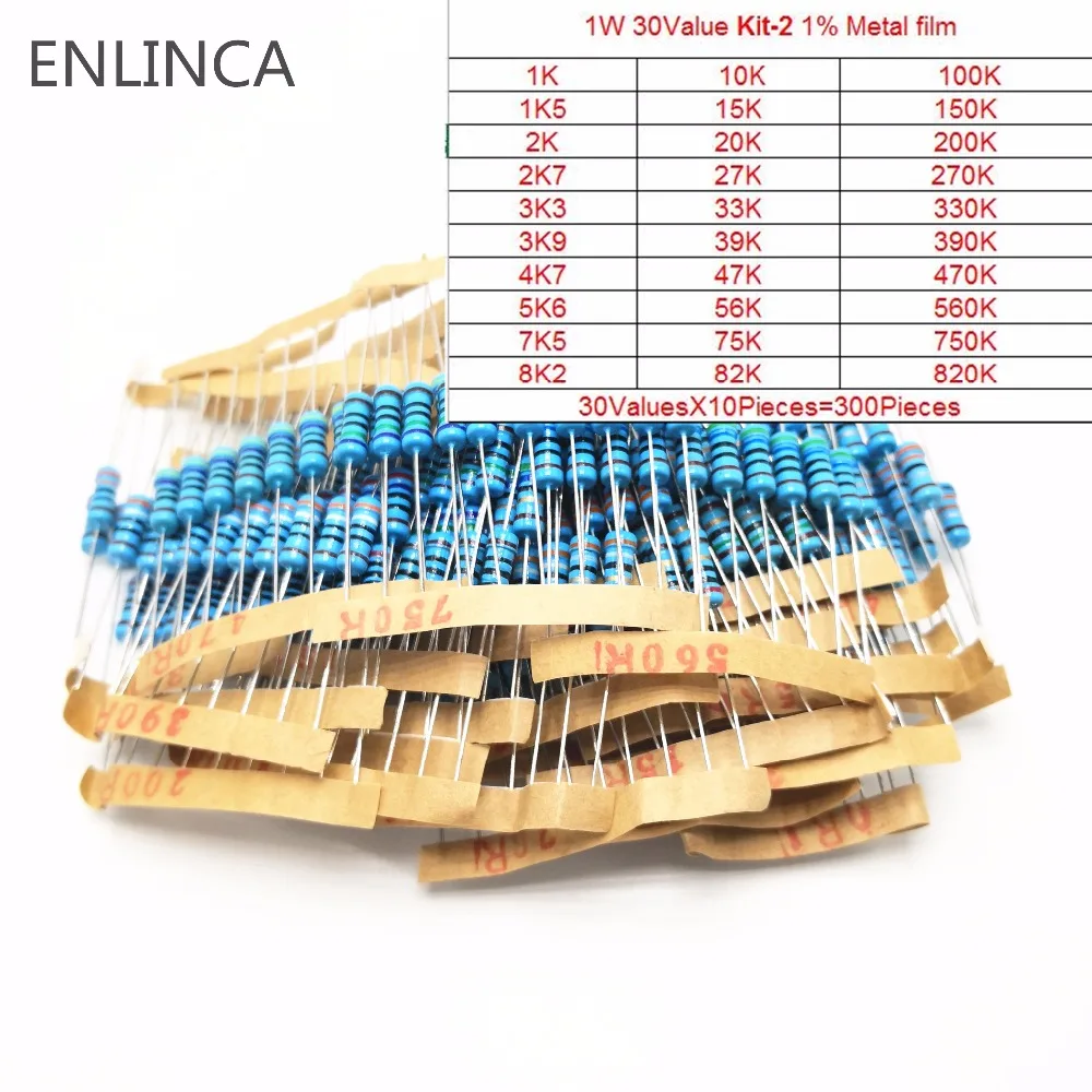 30Values 300Piece 1W Metal Film Resistor Kit 1% 1W Resistor Assorted diy Kit Set 0.1 ohm-820K ohm Resistance Pack metal film resistor metal film resistors