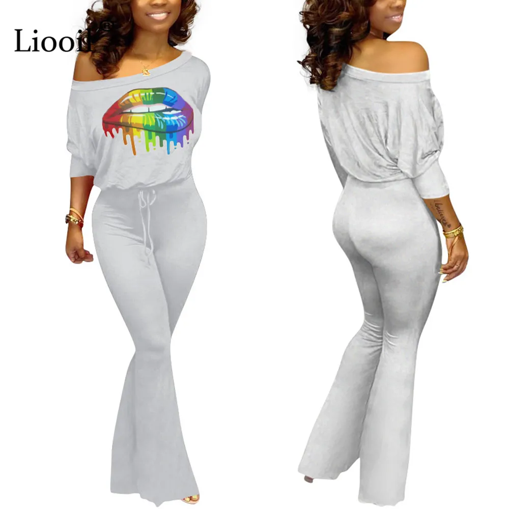 Liooil Lip Print Sexy Bell Bottom Jumpsuit Batwing Sleeve O Neck Drawstring Party Club Rompers Womens Jumpsuit Flare Pants
