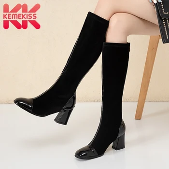 

KemeKiss Size 31-44 Woman High Heel Boots Thick Heel Patchwork Woman Knee High Boots Fashion Cool Winter Woman Long Boots