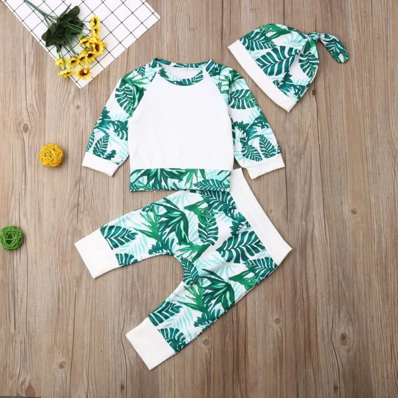 

3pcs/set Baby Clothes Autumn Baby Girl Boy Long Sleeve Floral Print T-shirt Tops Trousers With Hat Outfits sets