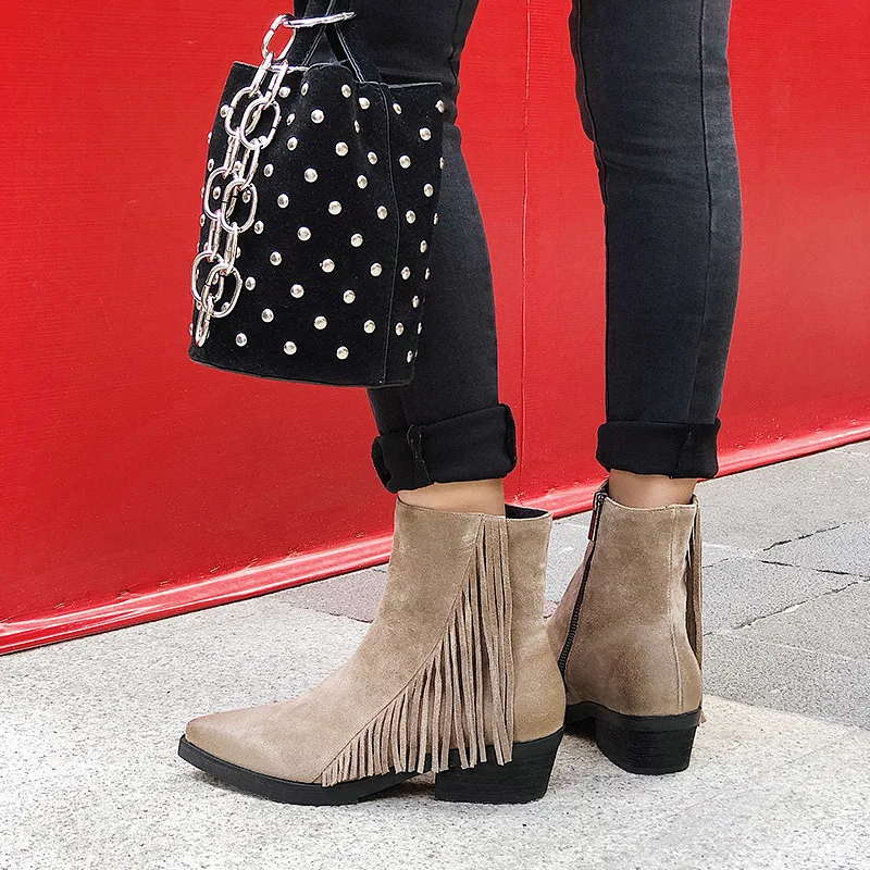 

2018 Autumn & Winter New Style Fashion Pointed Tassels Rub Color Short Boots Women's Genuine Leather Flat Boots