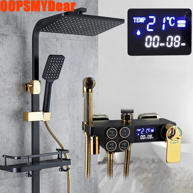 Black Gold Shower Set Bathroom Mixer Digital Rainfall Bath Faucet Wall Mounted Tap Brass