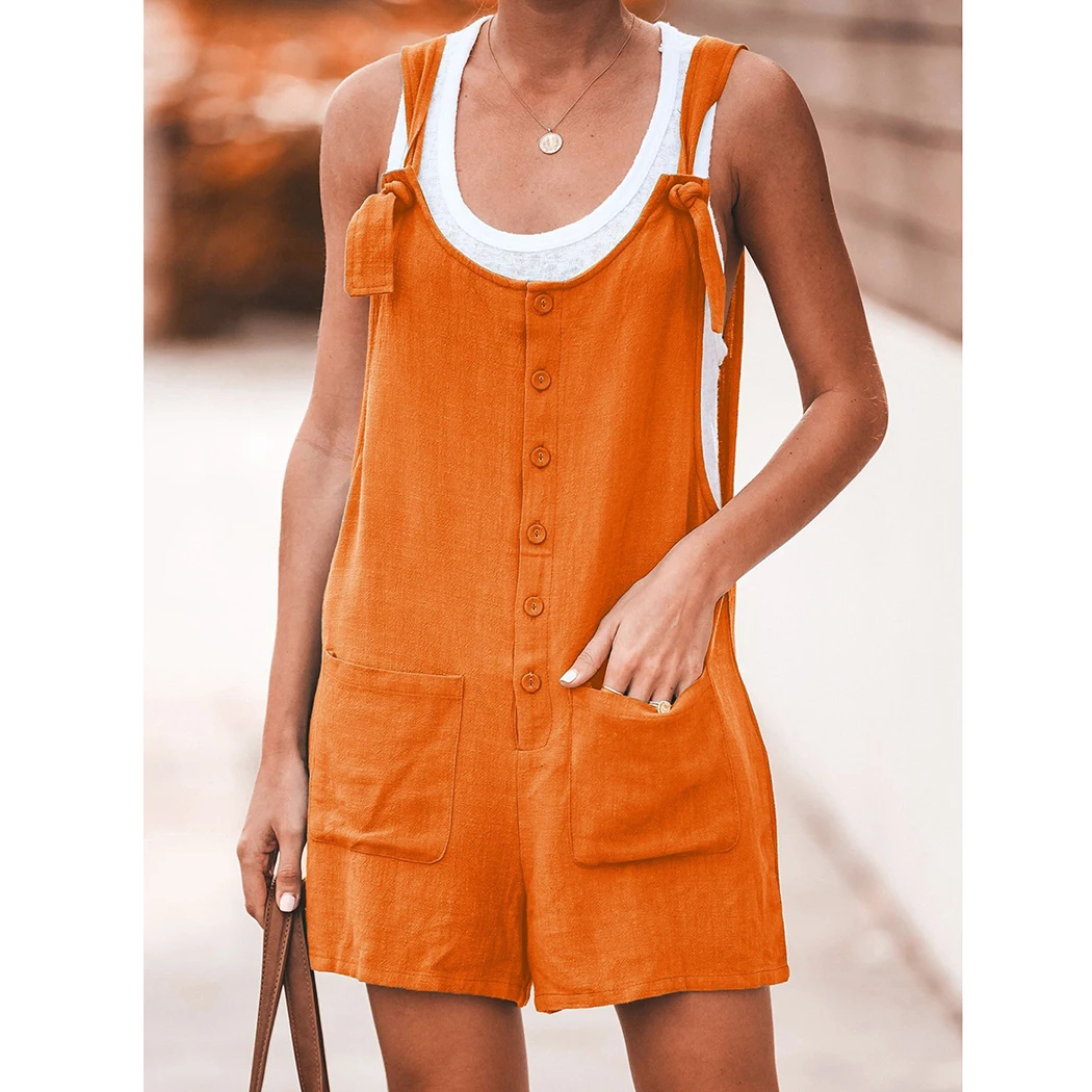 Boho пляжные Хлопчатобумажные Шорты Комбинезоны женские летние комбинезоны без рукавов Повседневные однотонные комбинезоны с карманами женские комбинезоны
