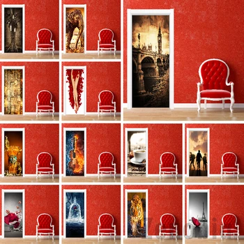 

City View Guitar Modern 3D Door Sticker Modular Printing PVC Waterproof DIY Mural Wallpaper Decal Door Decoration Home Design