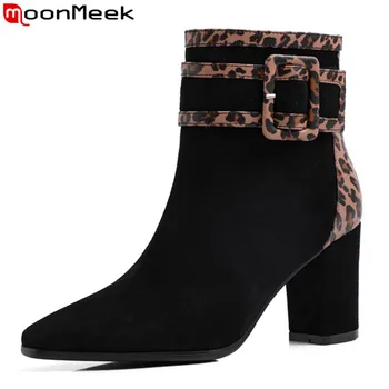 

MoonMeek 2020 large size 33-43 comfortable flock ankle boots fashion buckle high heels shoes woman black color women boots