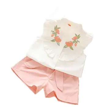 

DishyKooker 2pcs/set Girls Cotton T-shirt Summer Kids Short Ruffle Sleeve Shirt + Shorts Suit