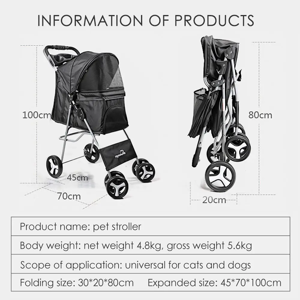 Pet Stroller 4 Wheels - Foldable Dog Cat Stroller With Storage Basket, Cup Holder, Breathable Mesh For Small & Medium Pets