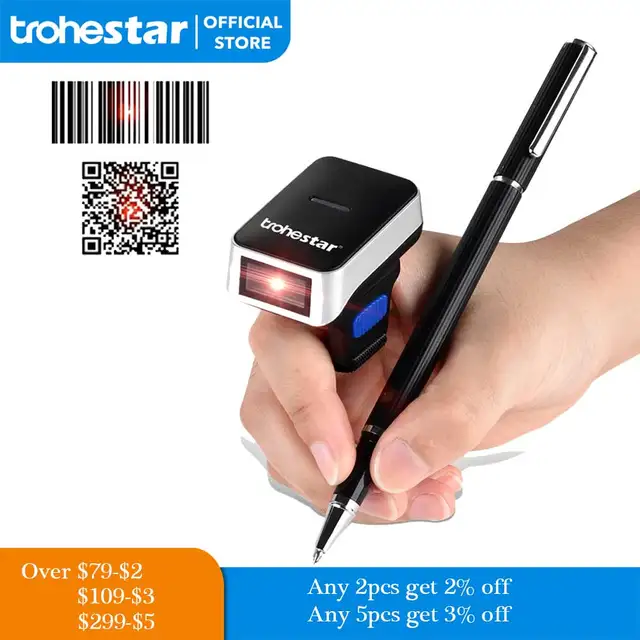 Trohestar 1D/2D Wireless Barcode Scanner แบบพกพา Bar Code Reader PDF417 USB Code Scanner Bluetooth-compatibl สำหรับ Windows iOS 1