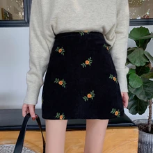 New Spring High Waist Corduroy Sweet Flowers Embroidery Skirts Harajuku Solid A-Line Skirt Plus Size Cute Japanese Style
