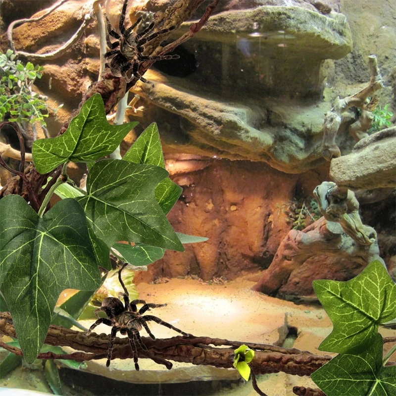 Climbing Vines with Leaves Terrarium Plant Decoration with Suction Cup for Amphibian Pet Snake 2 Pieces Set