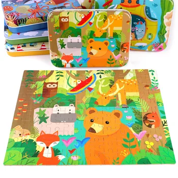 

Jigsaw Puzzle With Iron Box 120pcs Wooden Assembly Puzzle Cartoon Toys For Adults Children Educational Games Toys Gift