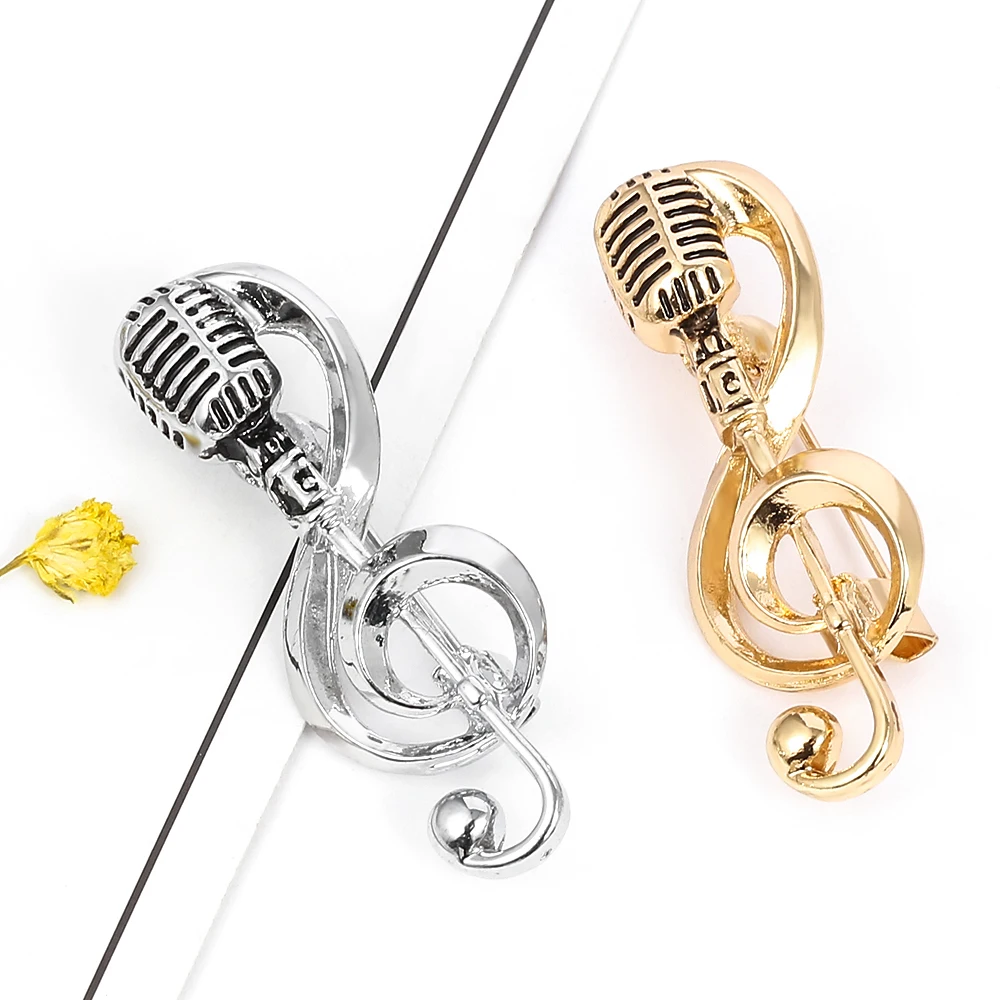 Broches dije nota musical para hombre y mujer, broche con micrófono, insignias de Color dorado y alfileres para solapa, ropa, bolso, joyería, - AliExpress