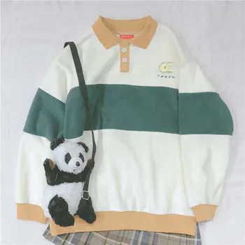 

Autumn Women POLO Collar Pullover Splice color Long sleeve Loose Hoodie Contrast color Teenage girl Sweatshirt Loose Casual Tops