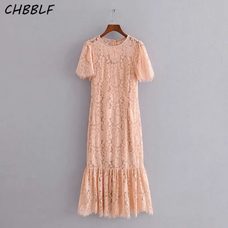 CHBBLF женское милое Кружевное платье миди с оборками, короткий рукав, облегающее женское платье, милые стильные платья до середины икры, vestidos mujer HJH2320 - Цвет: Розовый