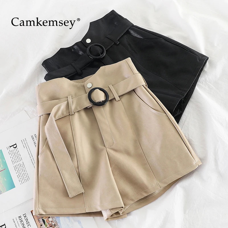 CamKemsey корейские шорты из искусственной кожи женские осенние повседневные шорты с высокой талией мягкие широкие из искусственной кожи женские мотоциклетные шорты
