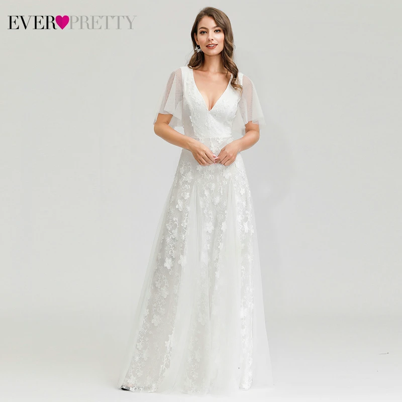 Белые кружевные свадебные платья Ever Pretty A-Line с v-образным вырезом оборками на