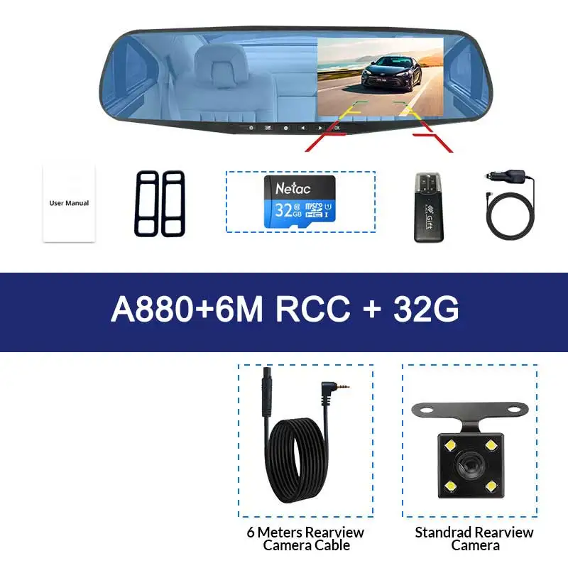 A880-6M RCC-32G Full HD 1080P Автомобильный видеорегистратор Камера авто 4,3 дюймов зеркало заднего вида цифровой видеорегистратор Двойной объектив регистратор видеокамера - Название цвета: A880-6M RCC-32G