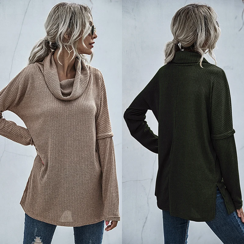 

Women Knitted Sweater Autumn Winter High Street Solid Color Rib Long Sleeve Heaps Collar Split Solid Color Long Pullover Sweater