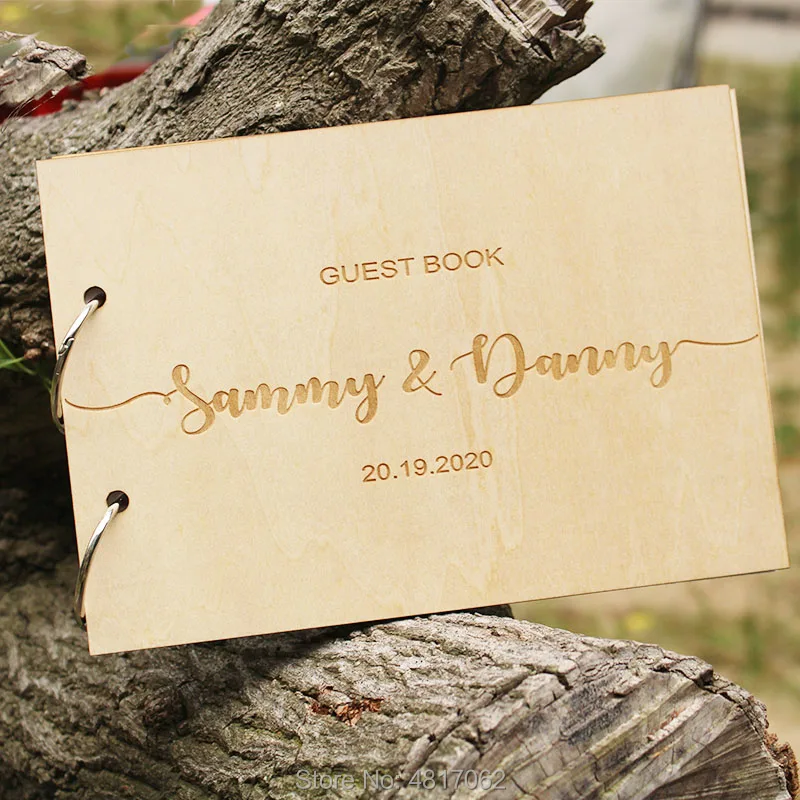 Wooden Wedding Guest Book Photo Album Rustic with Laser Engraved Names 