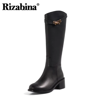 

Rizabina Woman Long Boots Real Leather Square Heel Zip Woman Knee High Boots Fashion Winter Shoes Woman Footwear Size 34-39