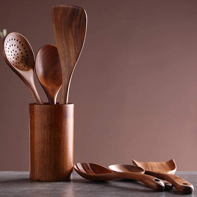 

Kitchen Utensil Set, Wooden Cookware Set Nonstick Kitchen Tool Wooden Spoon and Spatula Salad Fork with Wooden Spoon 7 Piece Set
