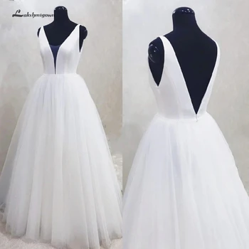 

2020 Simple V neck Wedding Dresses For Bride Open Back A Line Sweep Train Modest Bridal Gowns Vestido de noiva