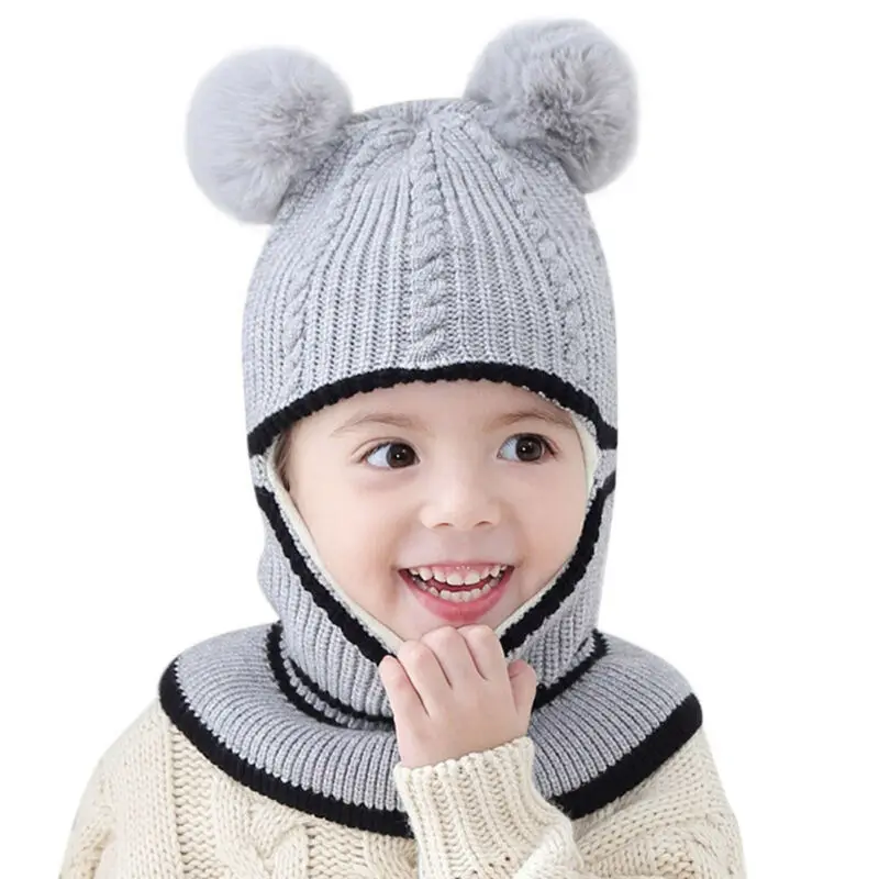 Hirigin New Baby Girl Balaclava Mask Fur Hat Winter Wool Warm Velvet Beanies Knitted Cap Kids Pompom Gorras