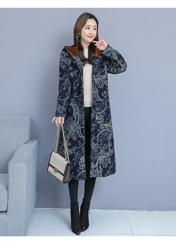 dark blue Uego Новое поступление, утепленное флисовое зимнее пальто с цветочным винтажным принтом, верхняя одежда, куртка, пальто, женское повседневное хлопковое зимнее пальто - Цвет: dark blue