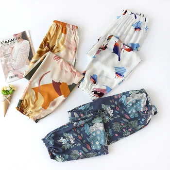 

Summer Viscose Rayon Printing Women Pajama Bottoms Elastic Waist Ankle-Length Pants Sleep Wear Women Lounge Wear Closing Pants