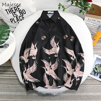 

Shirt Men Autumn Printed Long Sleeve Mens Shirts Korean Style New Trendy Plus Size Black Clothes High Quality Casual Retro Tops