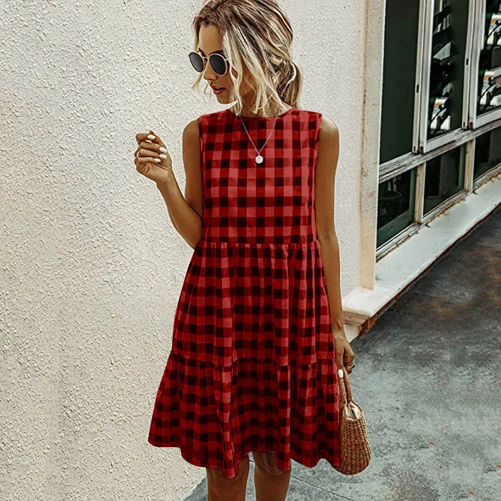 Jocoo Jolee Women Elegant Plaid Sundress Casual Summer Sleeveless A Line Dress Retro Beach Dress Evening Party Dress Vestidos satin dress