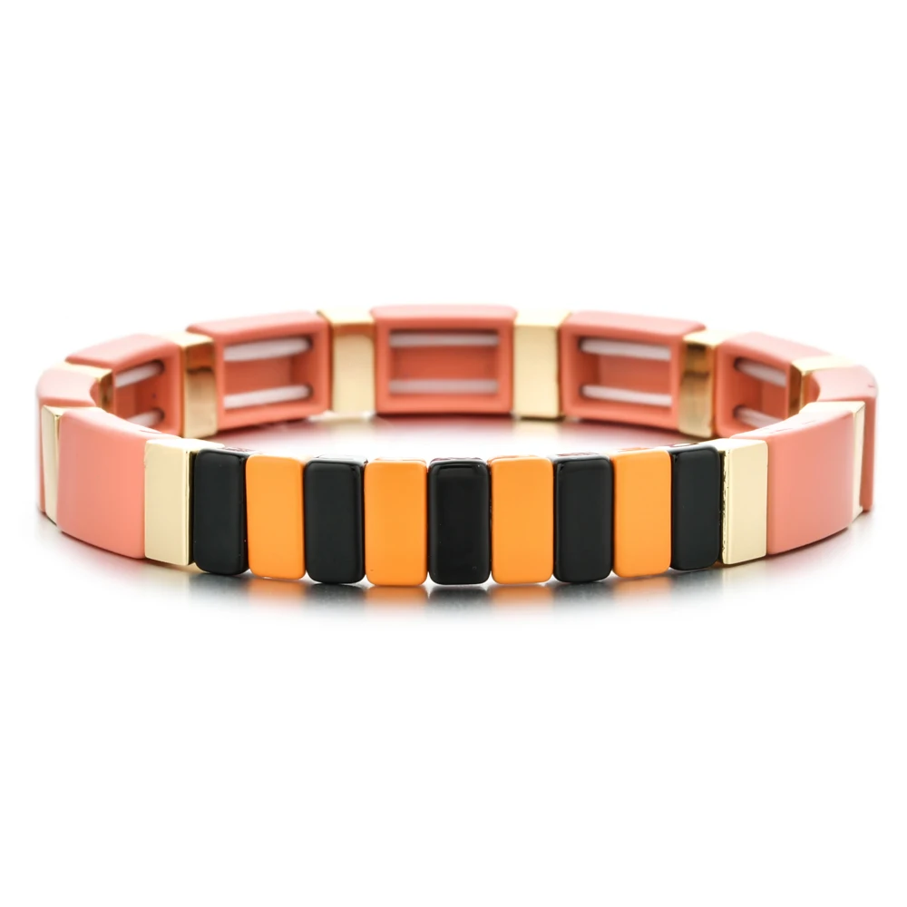 Neon Rainbow Elastic Bracelet Enamel Tile Metal Bohemian Women Fashion elastic Jewelry Paint Beads Bangle