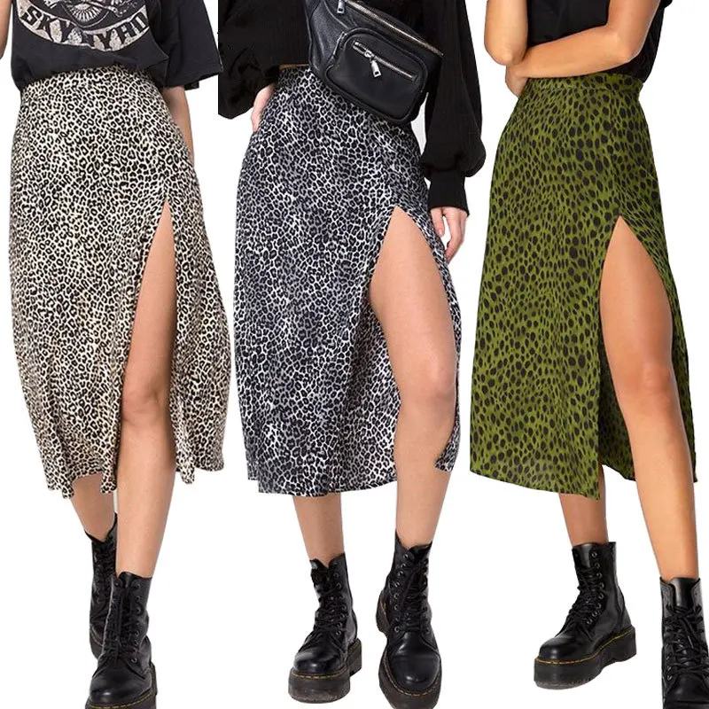 Leipard-faldas Bohemias de media pantorrilla para mujer, ropa de calle informal de cintura alta, falda dividida, primavera 2020