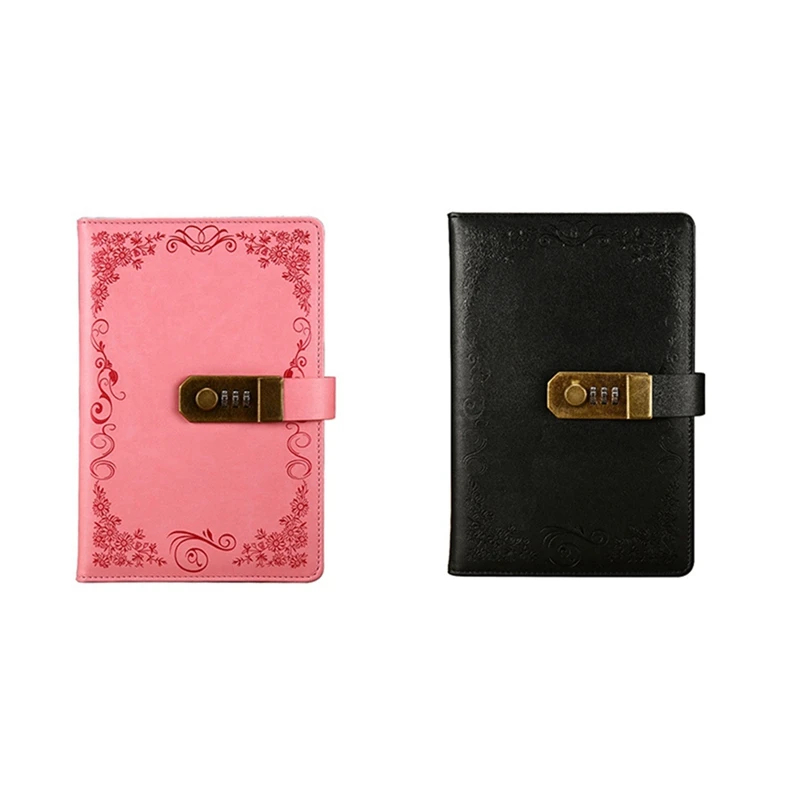 2x Black/Pink Diary with Lock Notebook A5 Vintage Lockable Paper PU Leather Note Book Traveler Journal Weekly Planner School Sta |