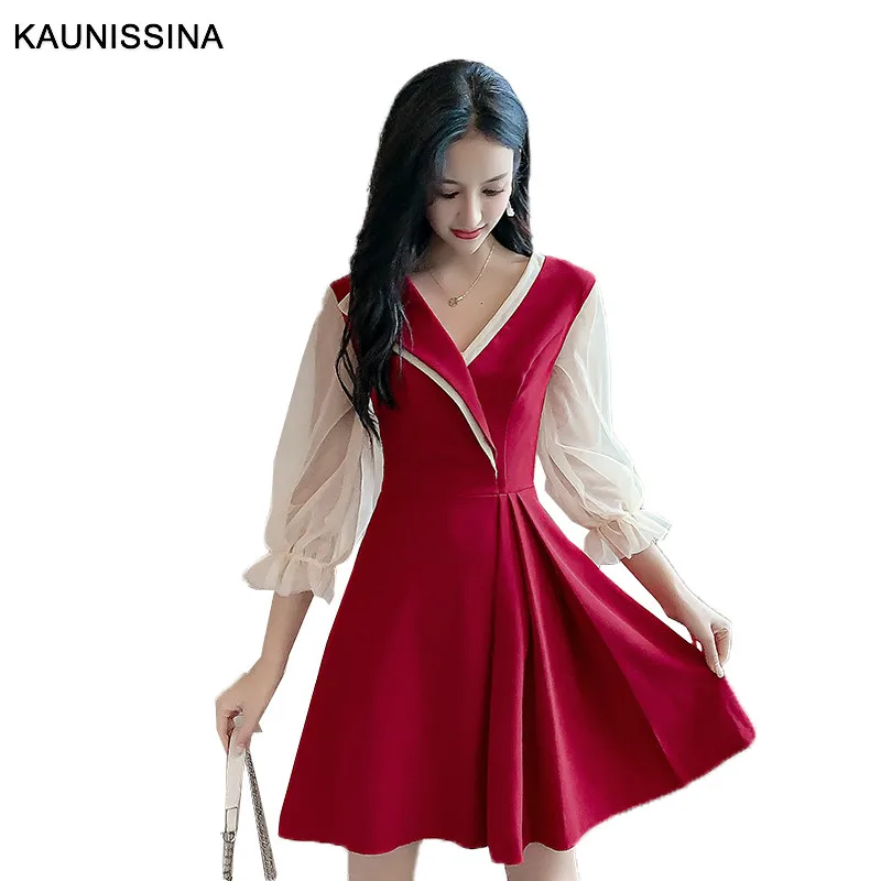 KAUNISSINA, короткие женские коктейльные платья, вечерние платья, 3/4 рукав, v-образный вырез, а-силуэт, мини, Корея, платья для выпускного вечера, черный, красный цвет