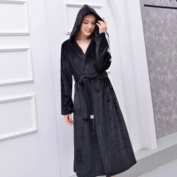 

Lovers Long Robe Flannel Cover Warm Bedgown Thicken Hooded Couples Kimono Housecoat Bathing