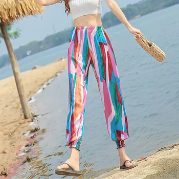 

Lantern Print Casual Pants Women Summer Vintage Bohemian Plus Size Wide Leg Pants Women Plaid Striped Beach Trousers Sweatpants
