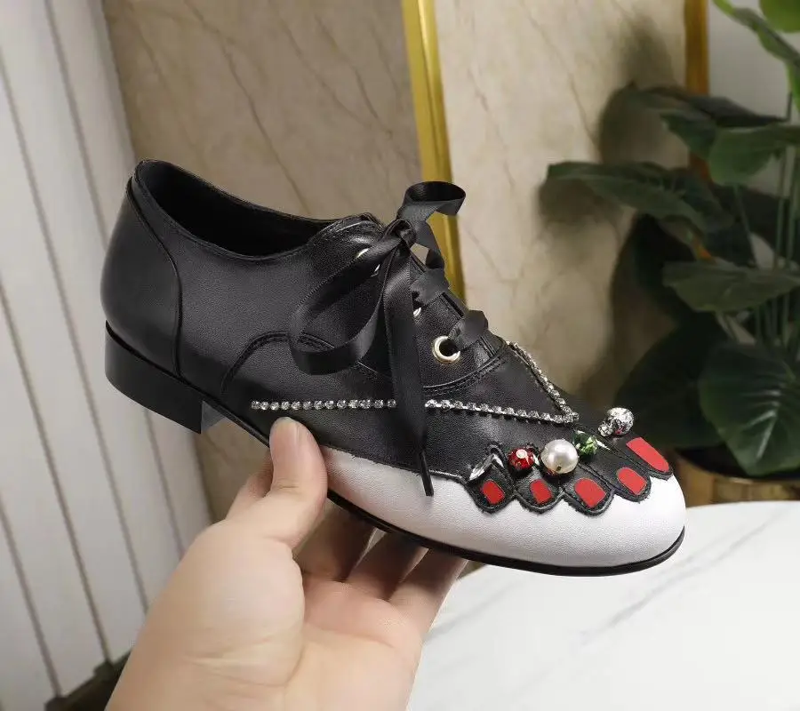 Black Original logo Женская обувь из натуральной кожи с круглым носком, украшенная жемчугом и кристаллами; обувь на шнуровке с ленточным носком и принтом; обувь на низком каблуке-столбике; повседневная обувь из органической кожи; 3 цвета - Цвет: Black Original logo