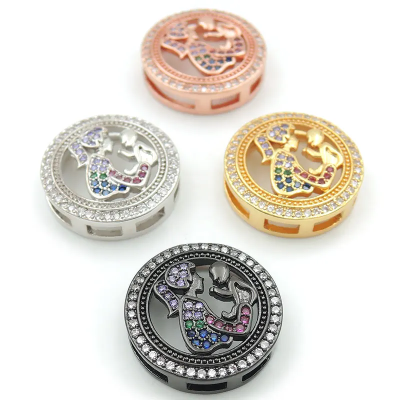 

18*18*5mm Micro Pave Purple&Blue&Blue&Clear CZ Round Maternal Love Flat Beads Fit For Men And Women Making Bracelets Jewelry