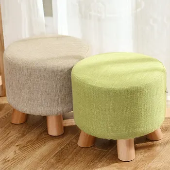 

Modern Round Solid Pine Wooden Footstool Ottomans Nordic Pouffe Stool Upholstered Fabric Foot Rest Padded Seat Living Room Decor