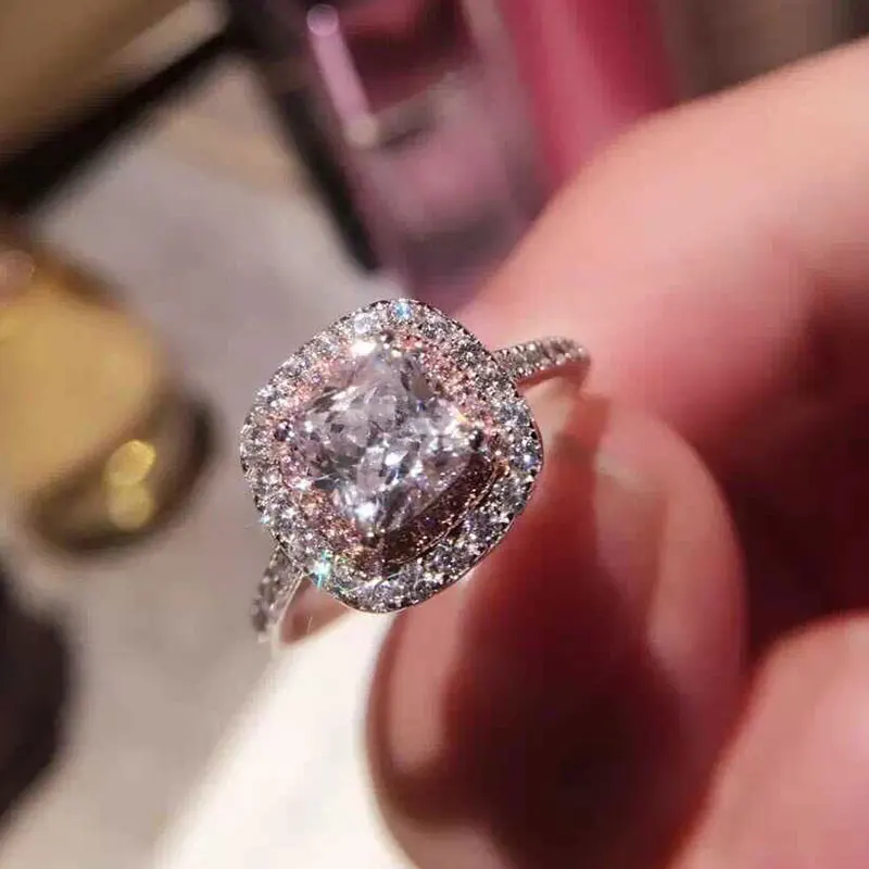 1.2CT квадратное розовое искусственное муассанитовое кольцо, женские трендовые кольца невесты для женщин, 925 пробы Серебряное обручальное кольцо