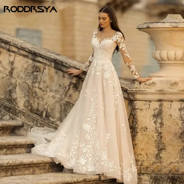 RODDRSYA Elegant O-Neck Wedding Dresses 2021 Lace  A-Line Boho Long Sleeves Wedding Bride Gowns 1