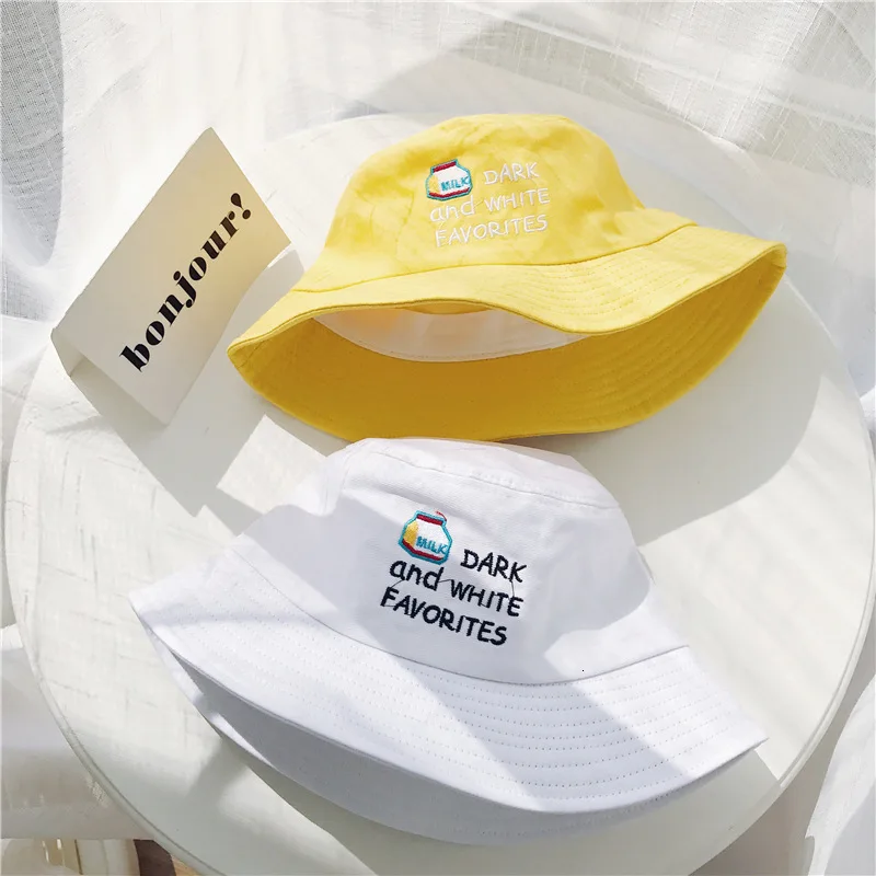 

Harajuku Milk Letter Embroidered Bucket Hat Women Cartoon Literary Joker Sunshade Basin Bonnet Panama Solid Simple Fisherman Hat
