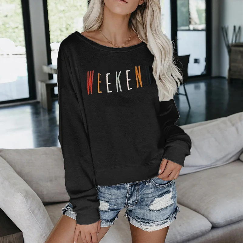 

2019 Spring Fall Oversize Women T-shirt Streetwear Casual Shirt WEEKED Letter Basics Tops Autumn Long Sleeve Plus Size Loose Tee