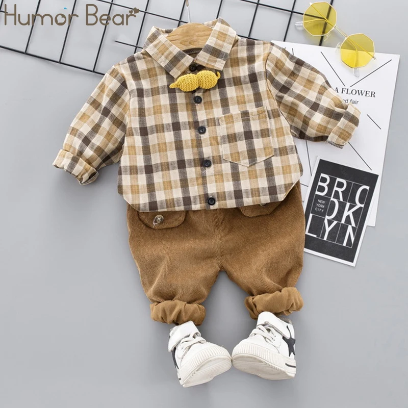 Humor Bear/весенне-осенний комплект одежды для маленьких мальчиков, рубашка в клетку с длинными рукавами+ штаны свитер с буквенным принтом детская одежда для мальчиков из 2 предметов с отворотами - Цвет: Khaki