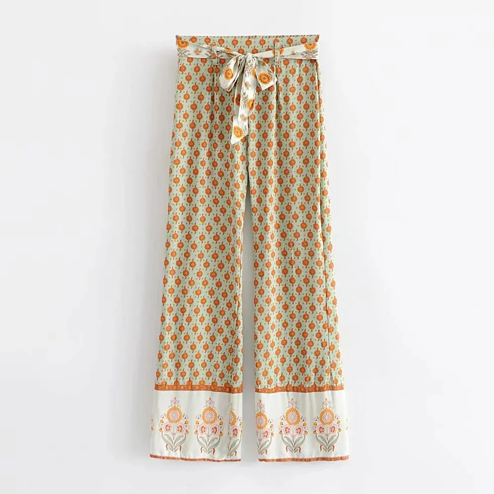 Zomer Bloemenprint Boho Lange Broek Wijde Pijpen Broek Vrouwen Hoge Taille Lace-Up Broek Vrouwelijke Strand Wijde Pijpen broek
