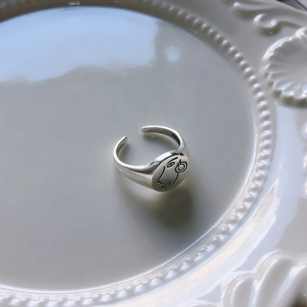 Ретро INS Аутентичные S925 стерлингового серебра ювелирные изделия искусство лицо профиль круглая монета кольцо Открыть отрегулировать TLJ772