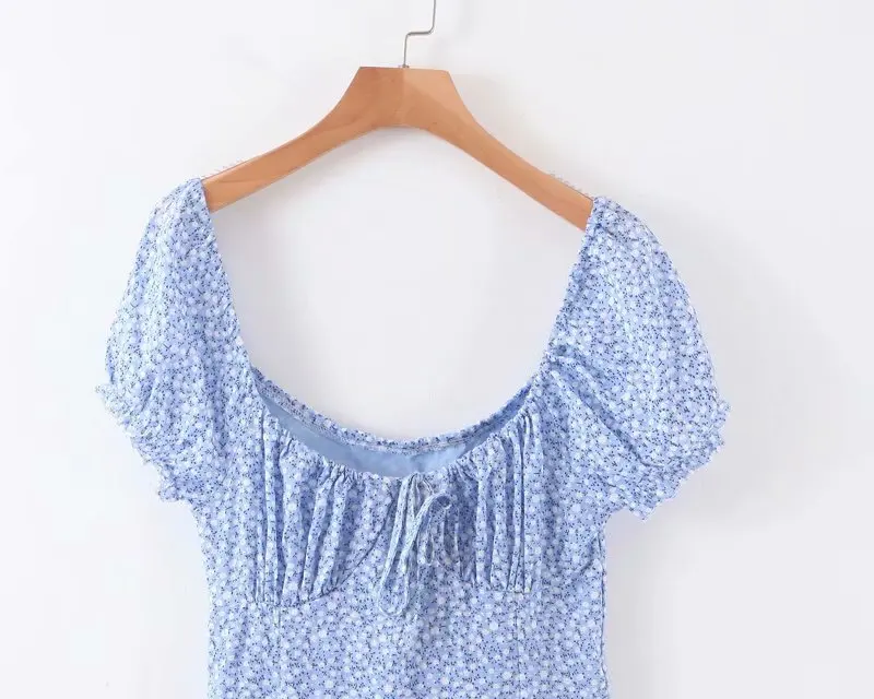 Holiday Center Bow Summer Vintage Blue Floral Print Beach Slim women mini dress vestidos dropshipping clothes vintage brandy na